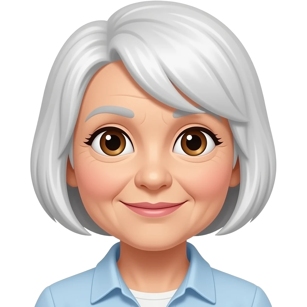 76 year old woman with white short hair and brown eyes emoji