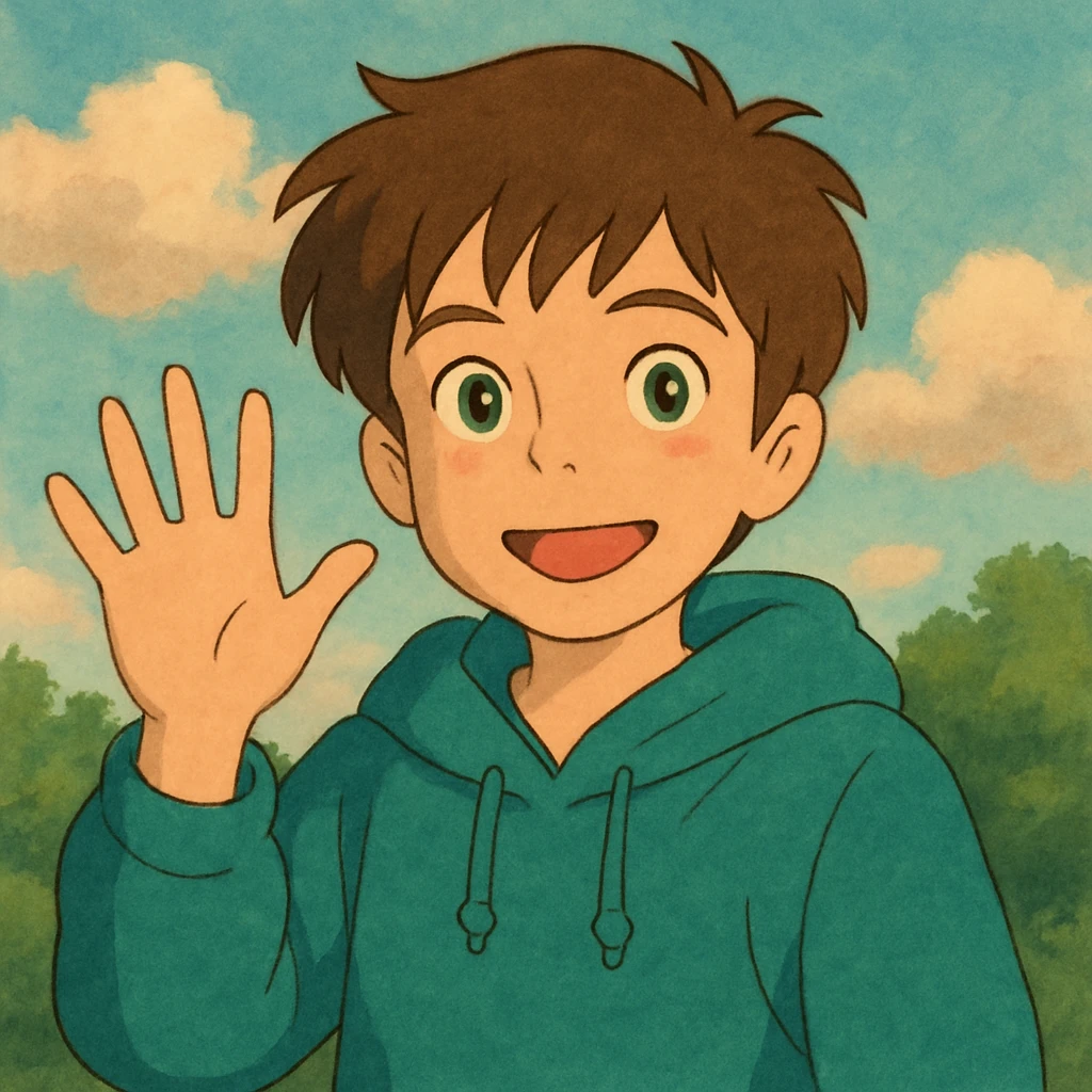 A boy brown hair green eyes with hoodie a hand and say hello emoji