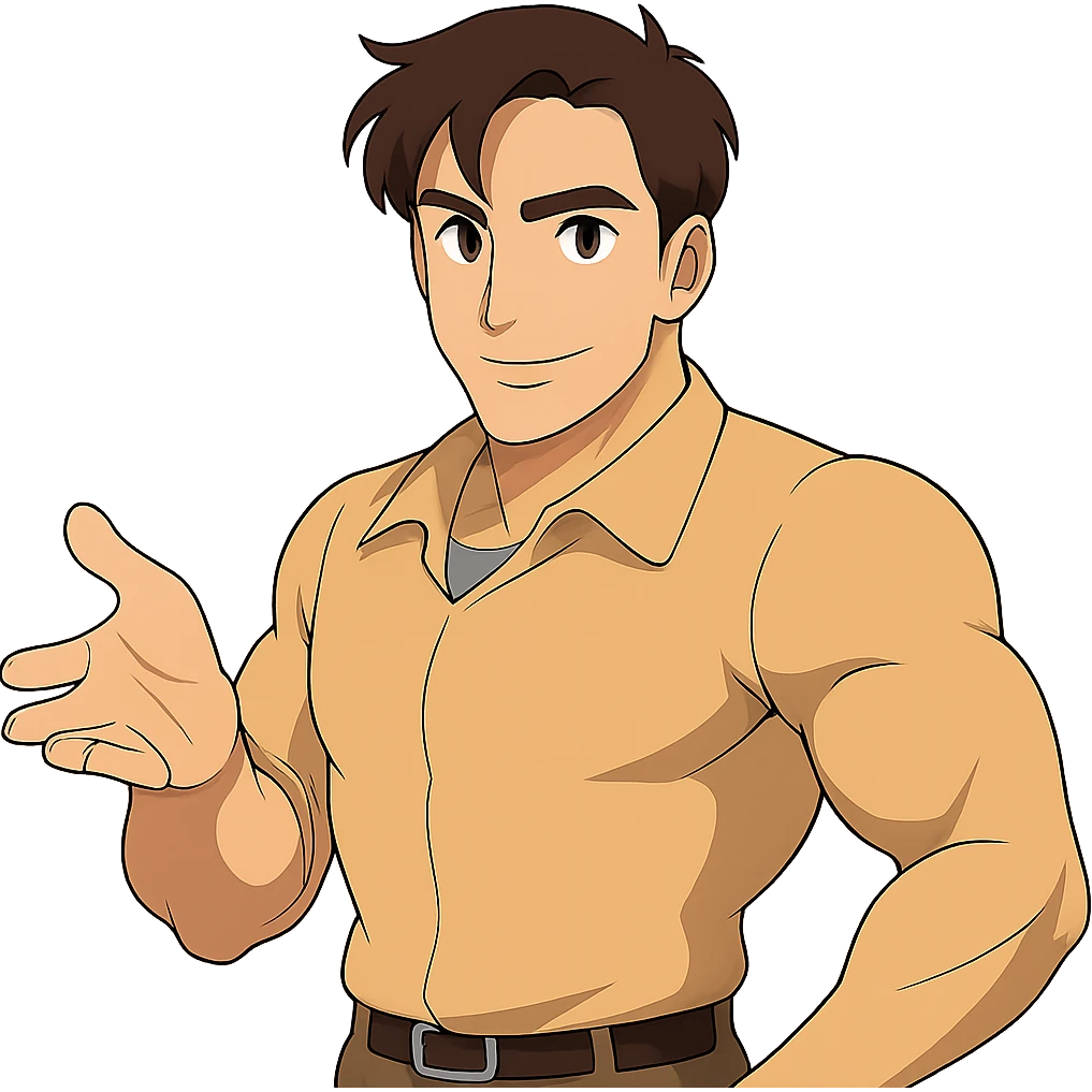 Make the man look more fit and athletic in the Ghibli style, with no background. emoji