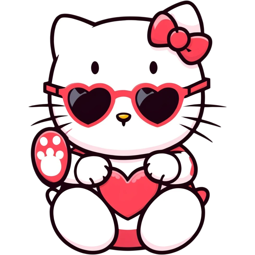 Hello kitty with heart shaped sunglasses with her little finger paw in her mouth bitting it emoji