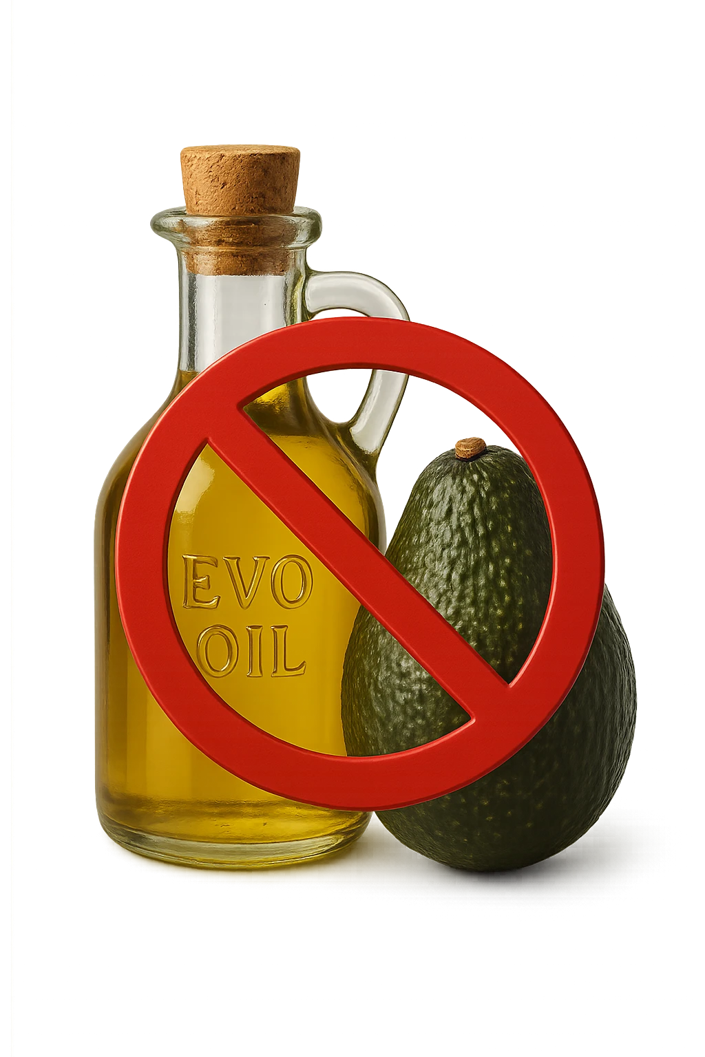 BOTTIGLIA DI OLIO EVO E AVOCADO CON DIVIETO SOPRA,  iperrealistico 4k emoji