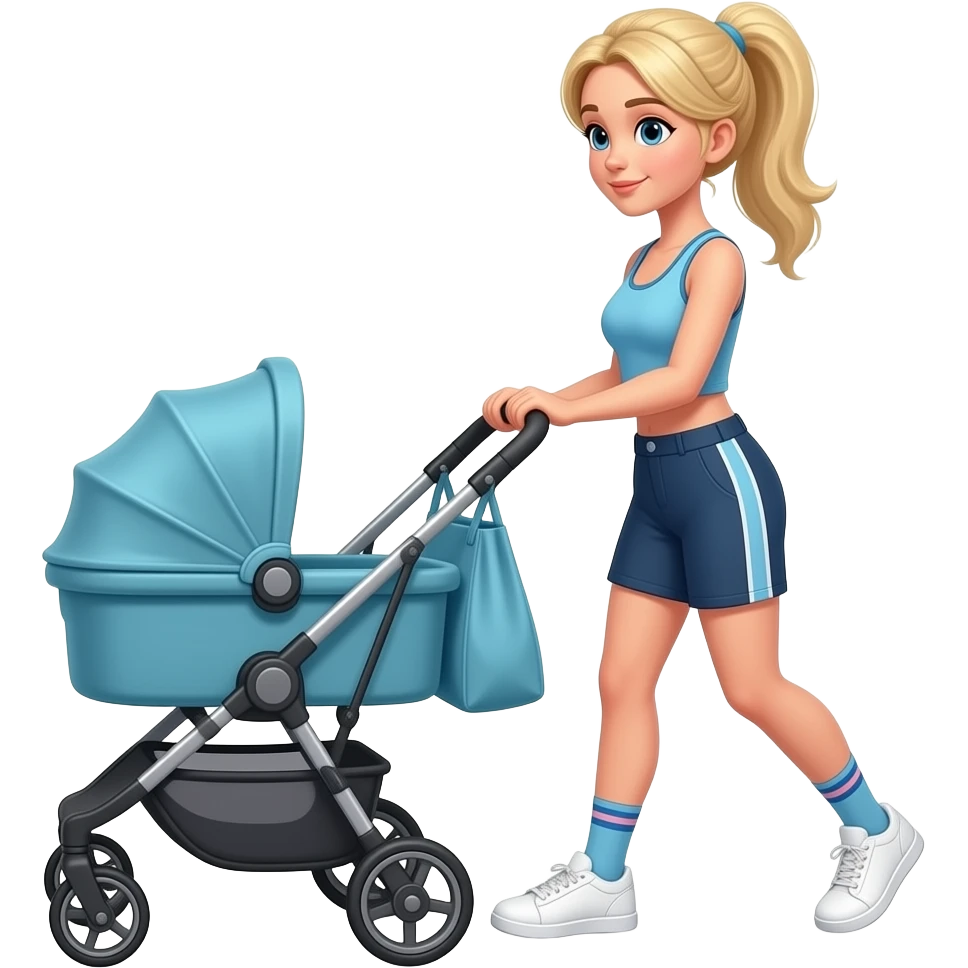 Mom pushing stroller. Blonde hair ponytail In bike shorts sneakers with ankle socks and tanktop. White sneakers. Matching top an bottom emoji
