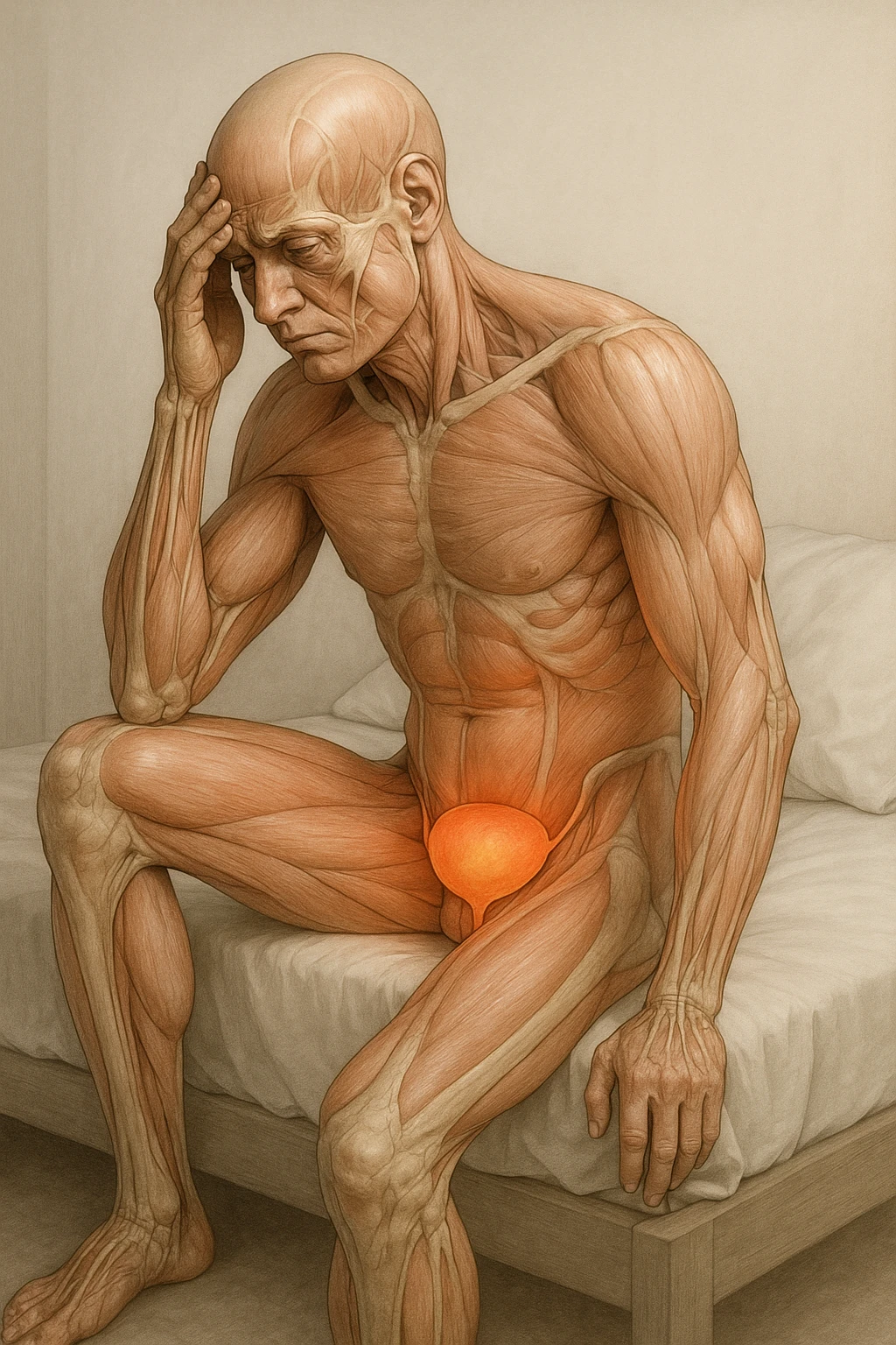 CORPO UMANO ANATOMICO SEDUTO NEL LETTO CHE NON RIESCE A DORMIRE, VESCICA ANATOMICA IN EVIDENZA, IPERREALISTICO SFONDO CHIARO NEUTRO emoji