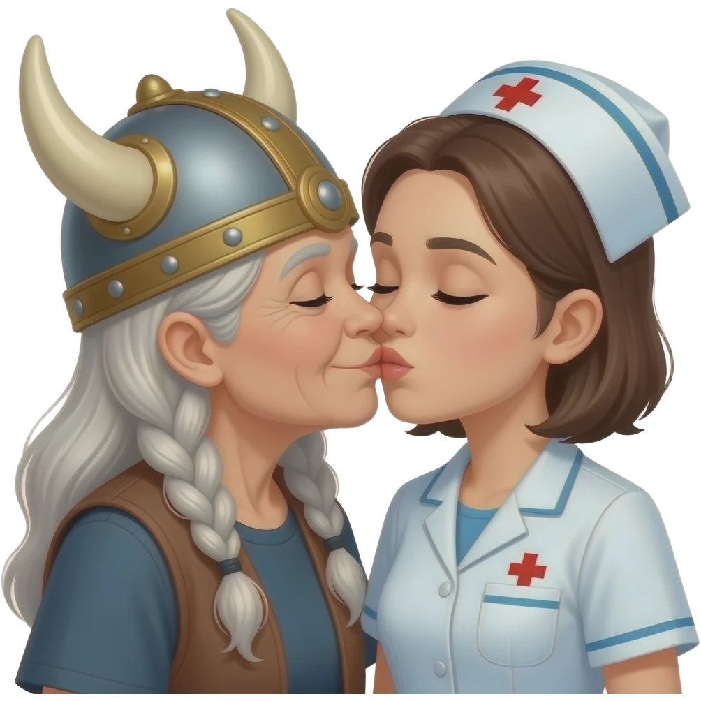Viking hat silver braids old woman kissing old nurse brunette ey emoji