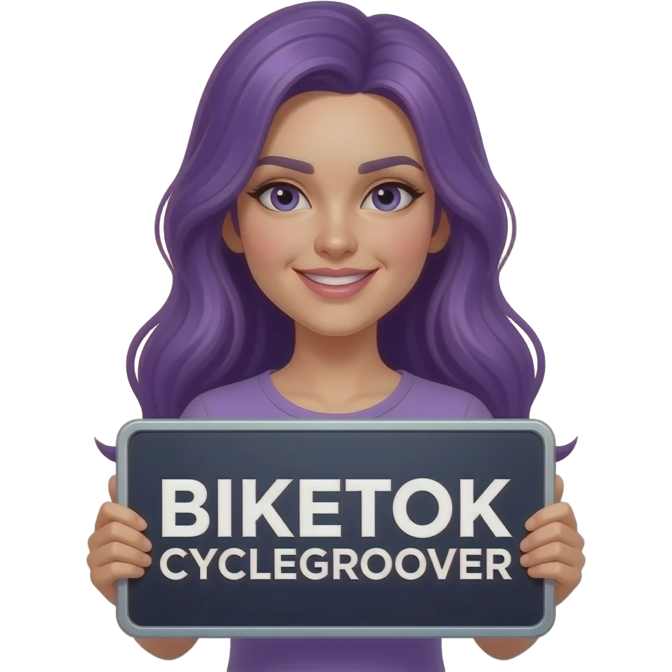 sexy girl with long purple hair holding a BIKETOK CYCLEGROOVER sign emoji