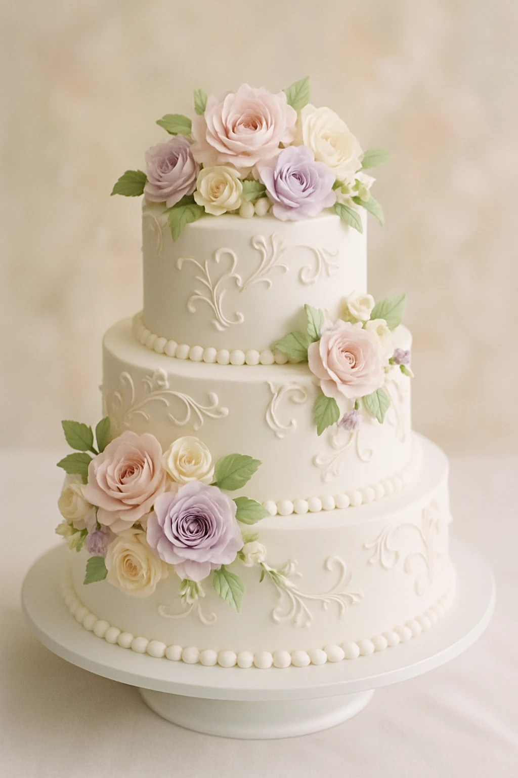classic white wedding cake with floral decorations, elegant and festive emoji