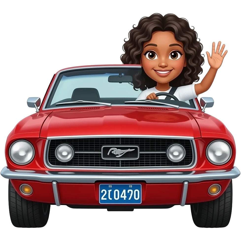 White girl with black curly hair driving a red Ford Mustang 1968 coupe and waving through the window. Car must be seen in full. emoji