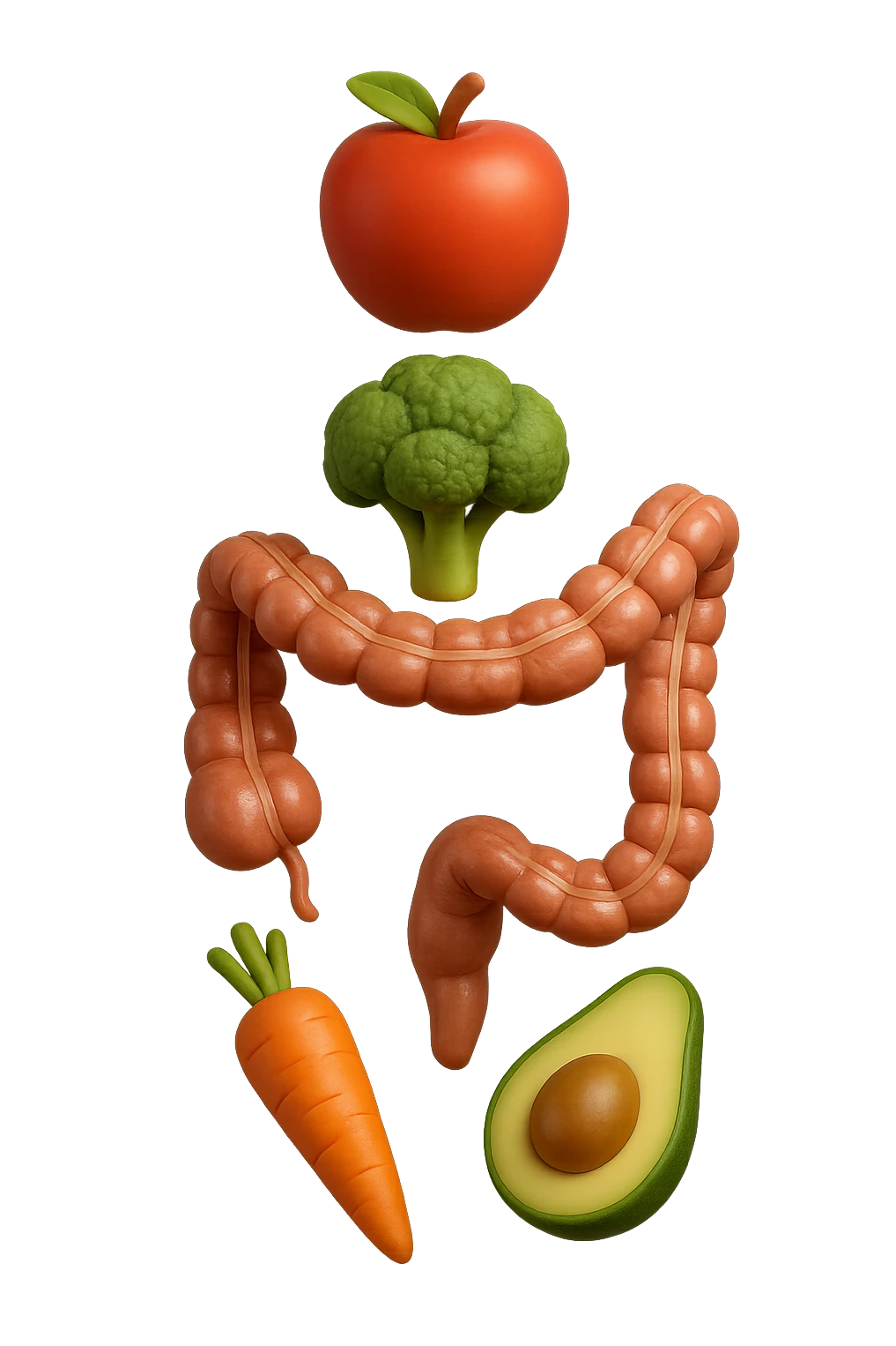 emoji stile iphone in 3d di cibo sano che fluttua in aria vericalmente insieme ùa pezzi di colon umano anatomico, iperrealistico 4k emoji