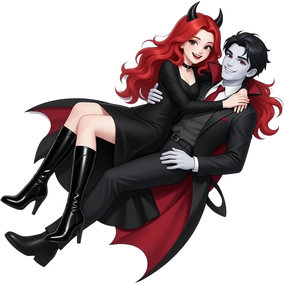 Vampiro femmina ADOLESCENTE con pelle bianca e capelli rossi indossa un vestito con le maniche lunghe nero, gli stivali lunghi neri con il tacco e sta sulla schiena con le gambe intorno al collo del suo fidanzato VAMPIRO con la pelle bianca e i capelli neri e sono felici emoji