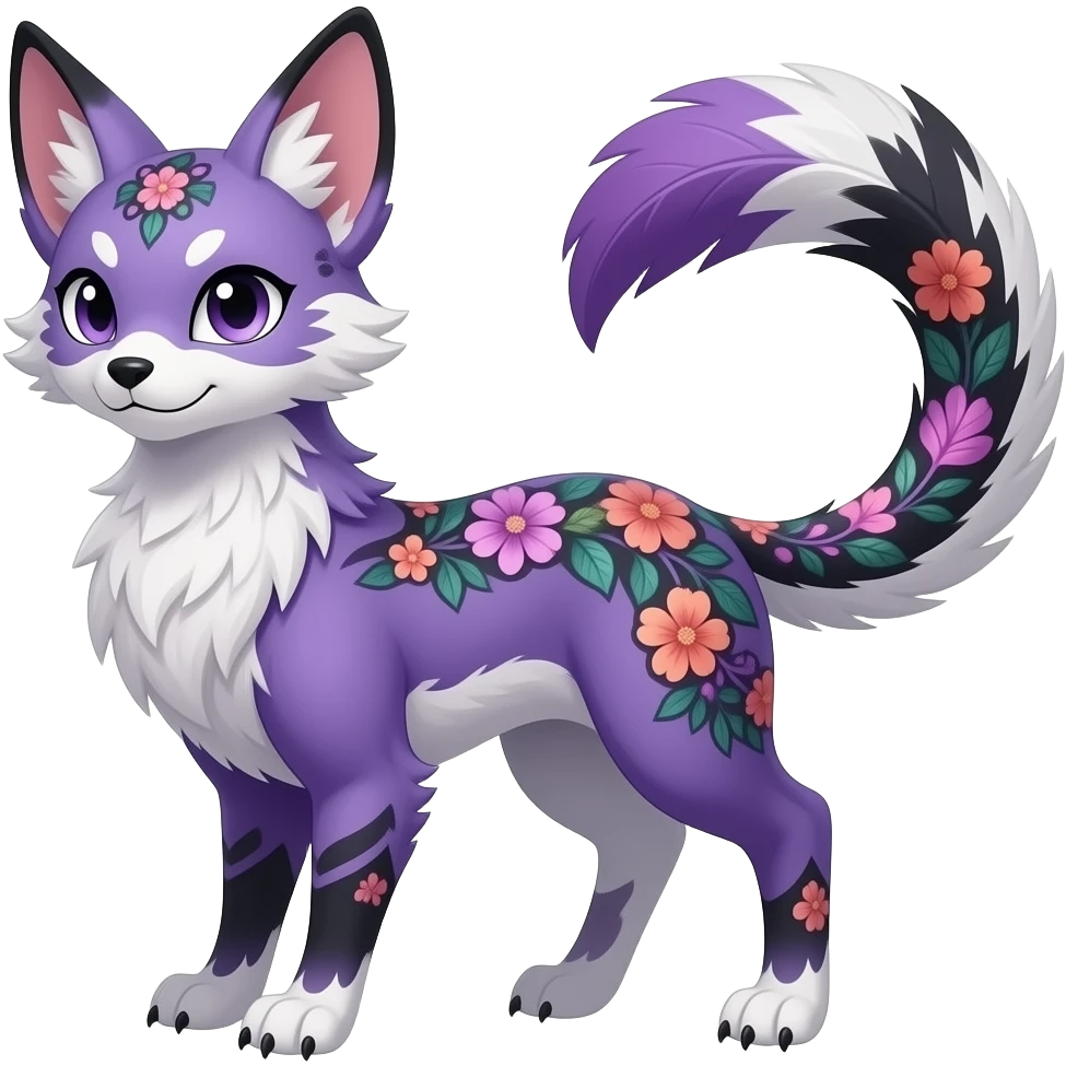 Floral-patterned Slim stylish feather-maned elegant realistic Asian Furry, feathery fluffy tropical flecked painted feathery scaly, Purple, white, black, Minccino-Bambino-Lykoi-Linoone-Zangoose-fusion-hybrid-animal-Fakémon-creature, full body, thin long sleek scaly tail, intricate markings emoji