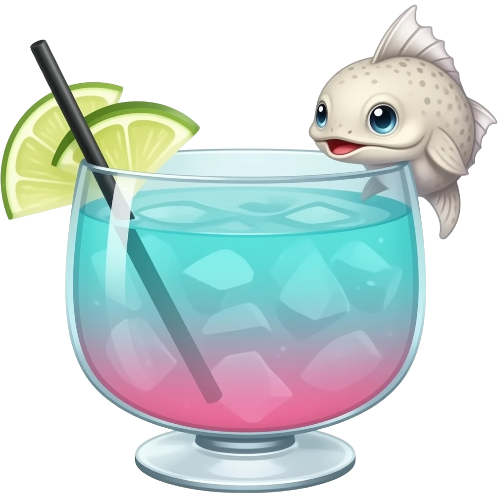 hangyodon the sanrio character themed turquoise and pink colored cocktail in coupe glass with actual illustration of hangyodon as a garnish emoji