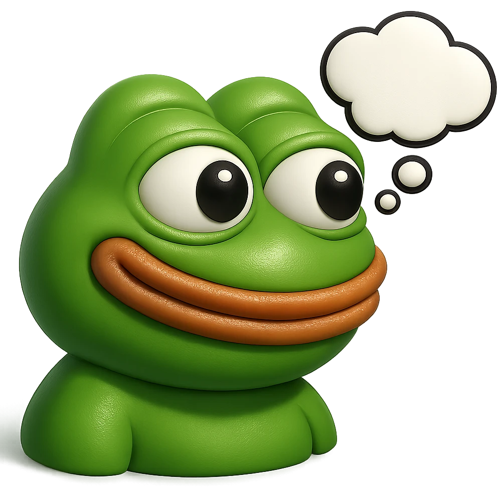 make a pepe in bright green smiling with thought bubble looking at right side in 3d style, good highlights and shadows, drop shadows emoji