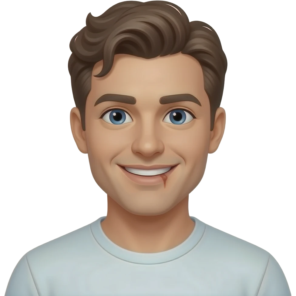 30 year old man, clean shaven, smiling with blue eyes and wavy brown hair, with lip scar, in t-shirt emoji