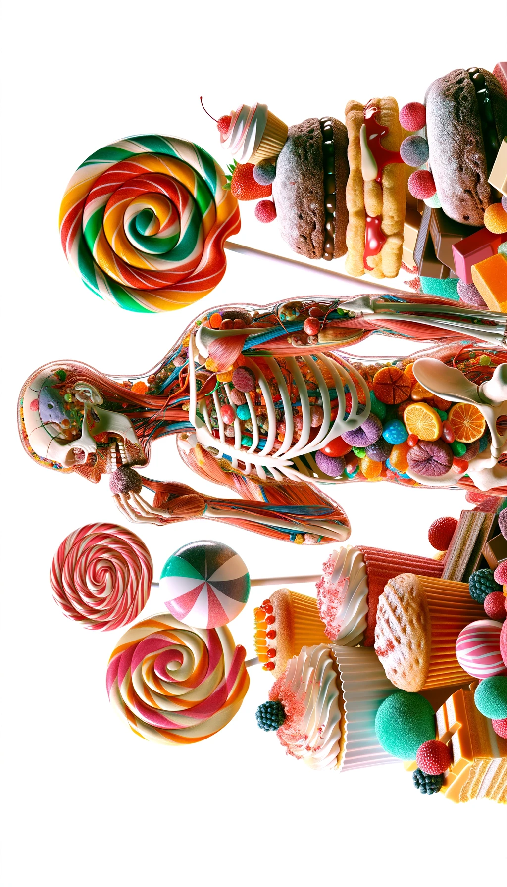 corpo umano anatomico in piedi a figura intera che si abbuffa di dolci e zuccheri, iperrealistico 4k, isolato su sfondo bianco emoji