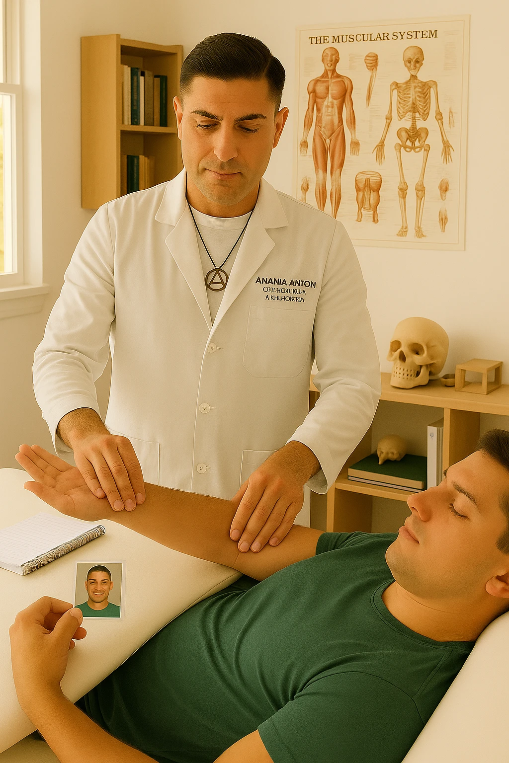 a middle-aged man, dressed in casual professional attire, is in a bright, organized therapy studio. Durante una visita di kinesiologia, il ragazzo tiene con una mano la foto di una persona lontana (il “testimone”) tiene la foto in mano, mentre con l’altra mano esegue un test muscolare su un cliente presente senza foto lui non tiene la foto. Sullo sfondo si vedono libri di kinesiologia, poster anatomici e strumenti tipici della disciplina. L’atmosfera è concentrata e serena, con luce naturale che entra dalla finestra, sottolineando l’aspetto alternativo e umano della pratica. emoji