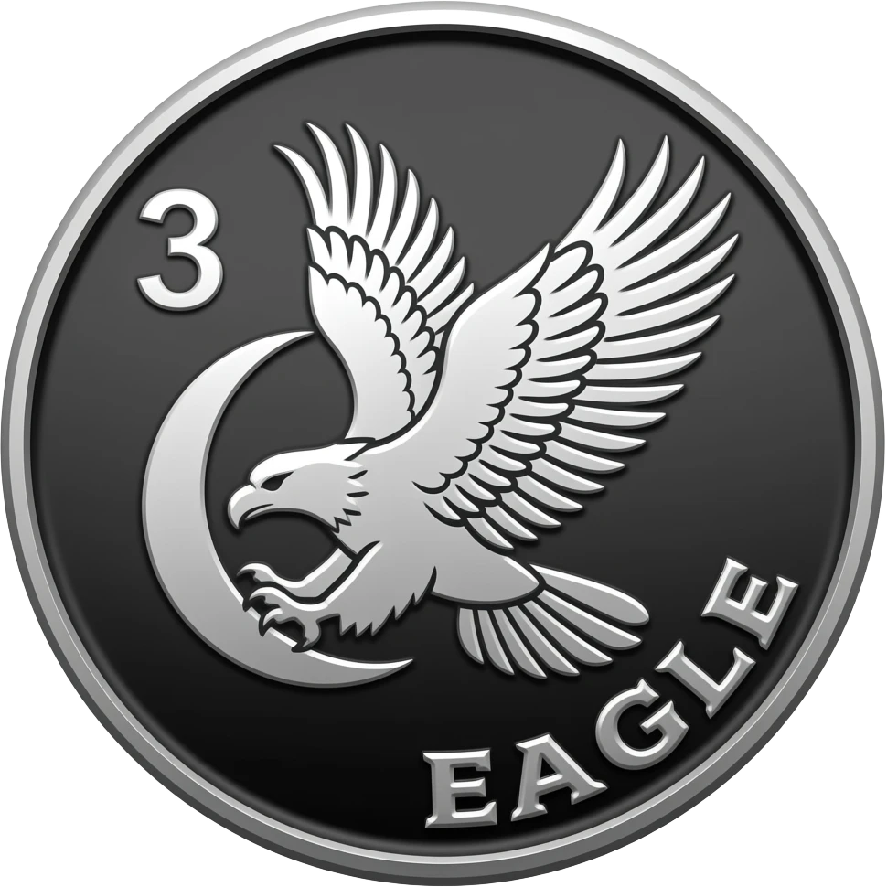 Silver metallic coin medallion, black background, bold engraved style, number ‘3’ in top left, central design of a majestic eagle in flight embracing a crescent moon with its wings, strong black outlines and shading, word ‘EAGLE’ in bottom right, emoji