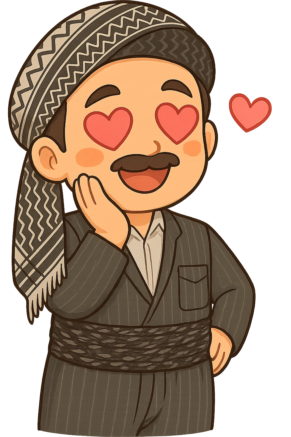 Create a colorful and cheerful cartoon sticker of a Kurdish man in the same clothes and scarf as the reference image, with a romantic facial expression and heart-shaped eyes similar to the 😍 emoji. The man should have one hand touching his face (e.g., cheek or chin). The image should have no shadows or color halos around it, no text, and a completely transparent background. Suitable for WhatsApp and Instagram. emoji