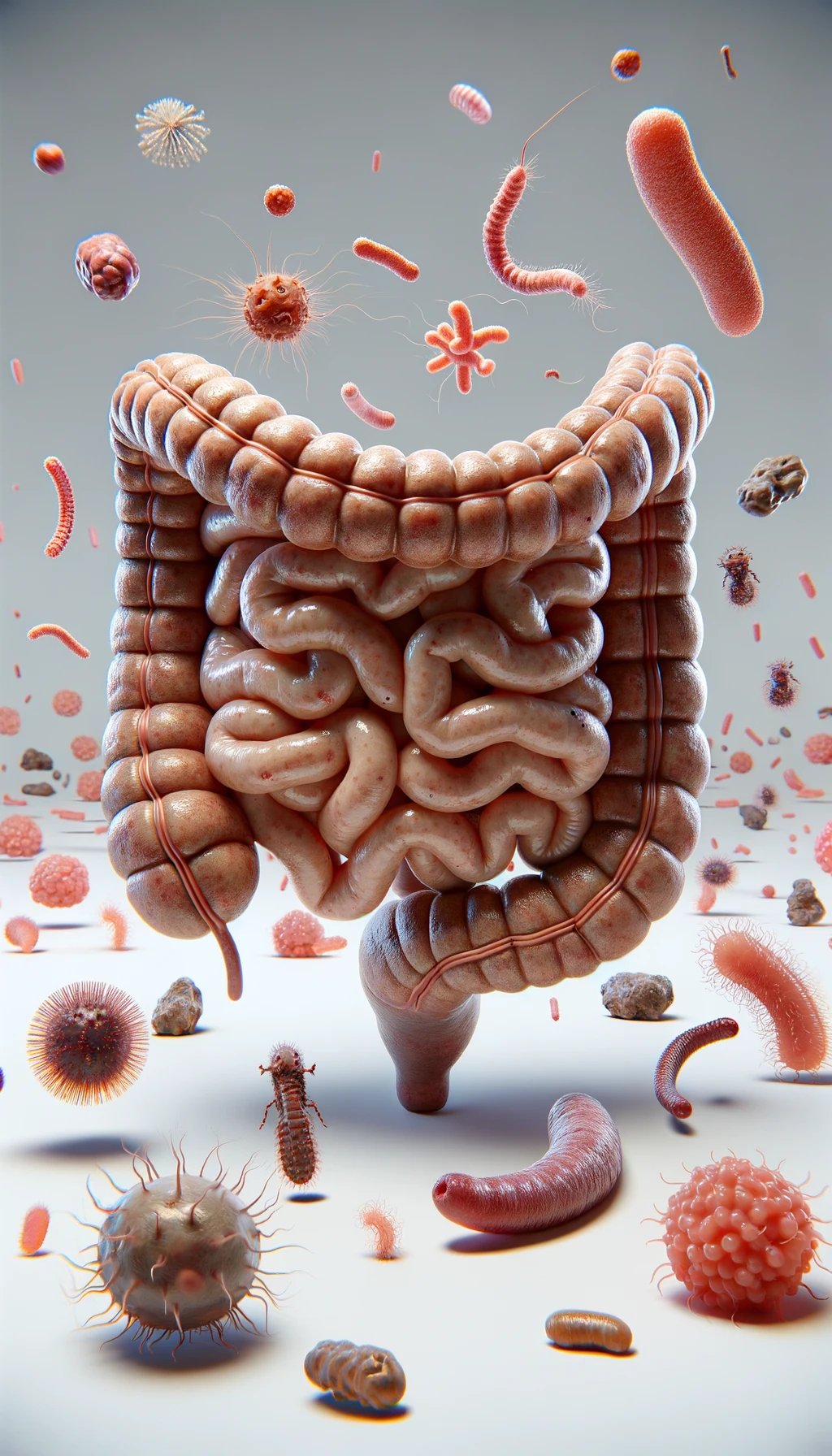 intestino umano realistico con batteri e parassiti che gli fluttuano intorno, sfondo chiaro, iperrealistico 4k emoji