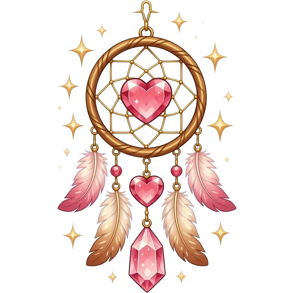 Reddish-pinkish and golden warm-colored romantic lush beautiful pretty hanging crystal-catcher aesthetic with hearts and sparkles and feathers emoji