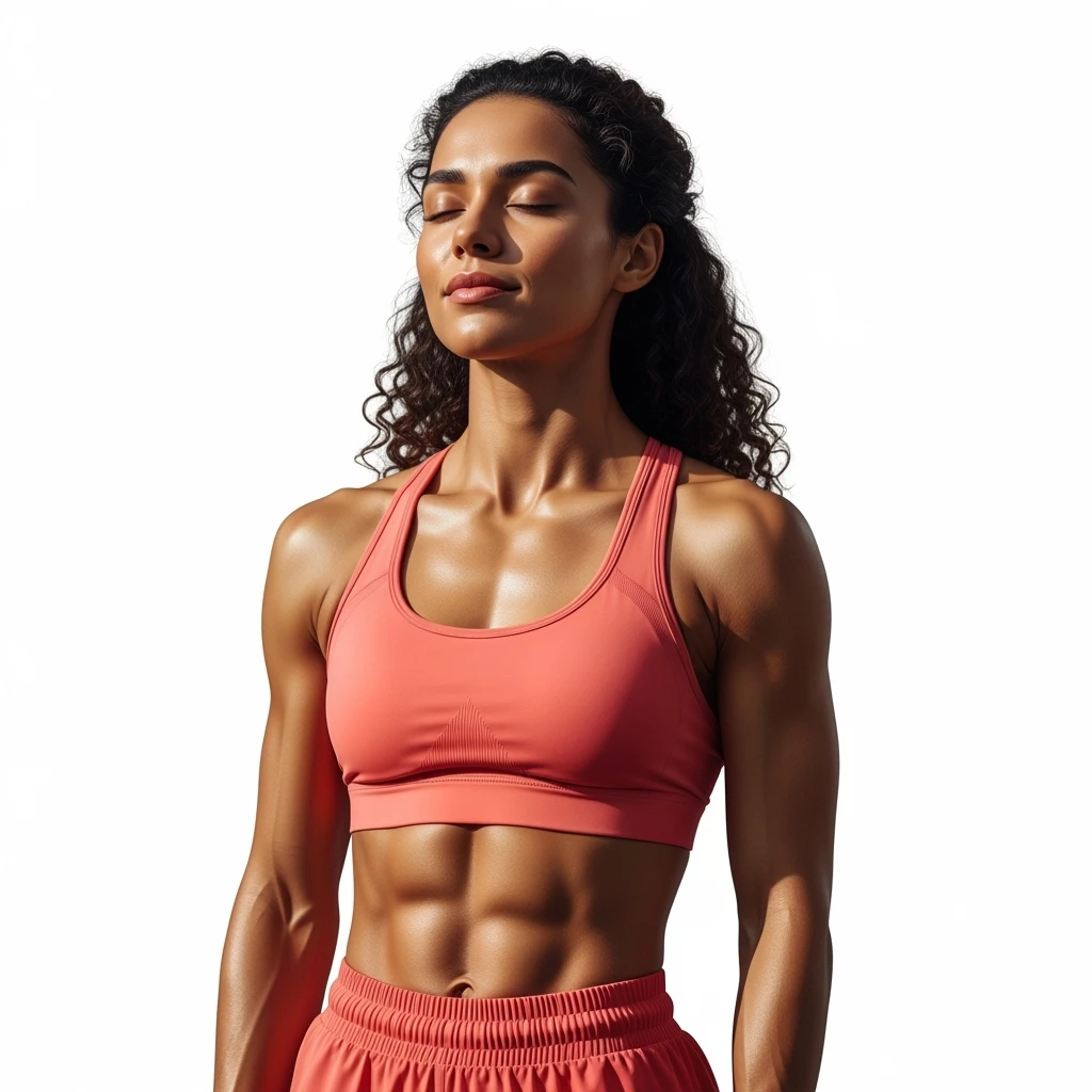 DONNA FITNESS RILASSATA CON GLI OCCHI CHIUSI, IPERREALISTICA 4K, SENZA SFONDO emoji