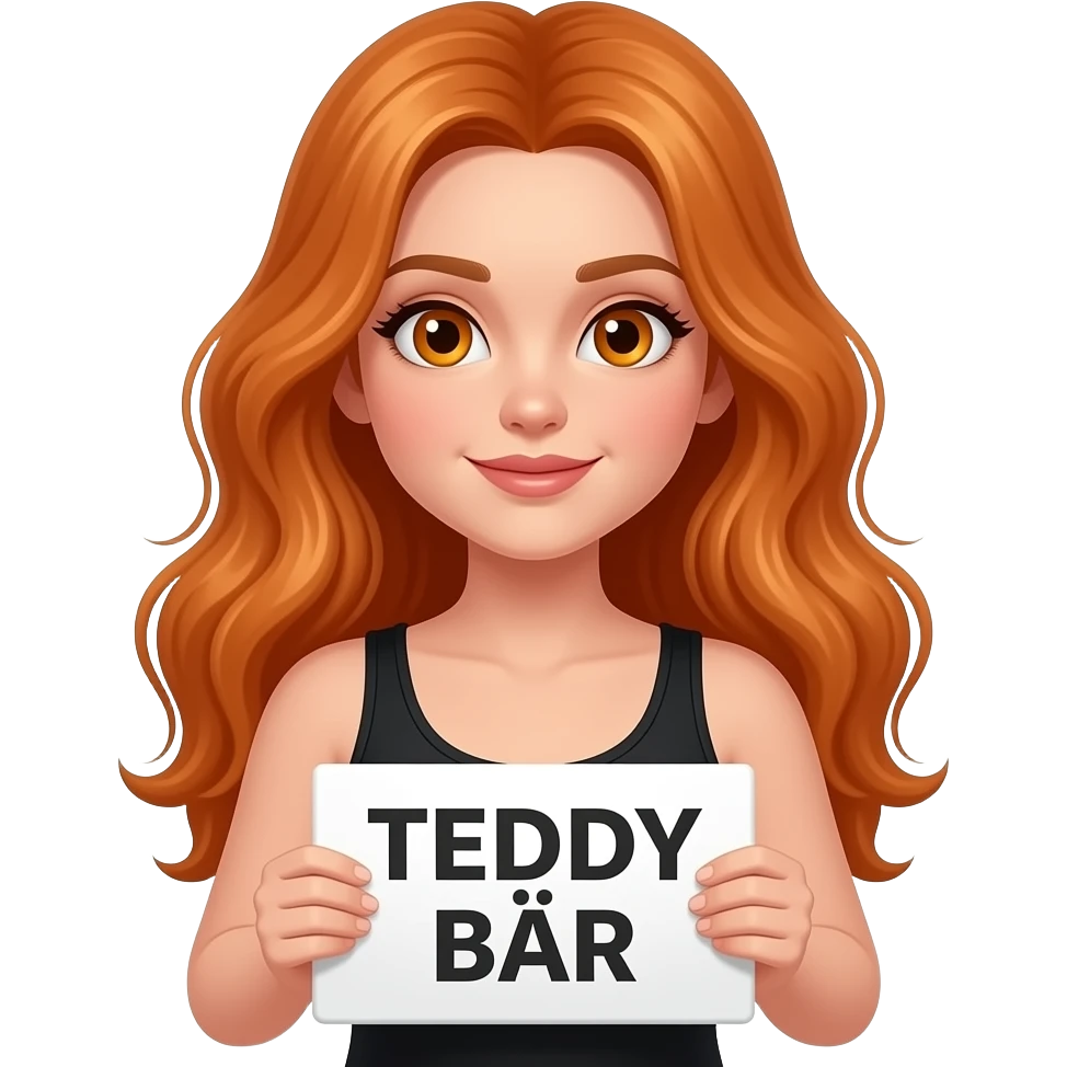 sexy girl with long wavy ginger hair and ginger eyes wearing a black tanktop is holding a white sign with TEDDY BÄR written on it emoji