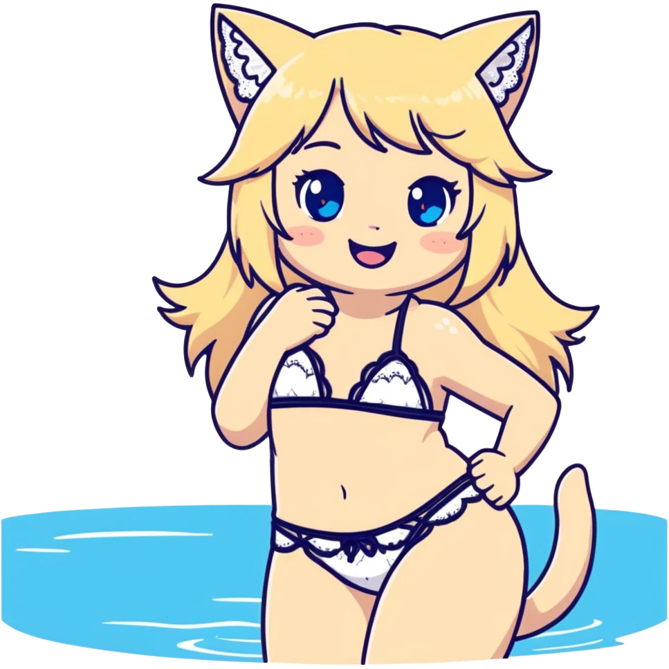 painting of flirty petite lithe blonde blue eyes catgirl soft body long hair freckles giggling flirty shy lace white bikini tight waist wide hips historical Japanese art influence emoji