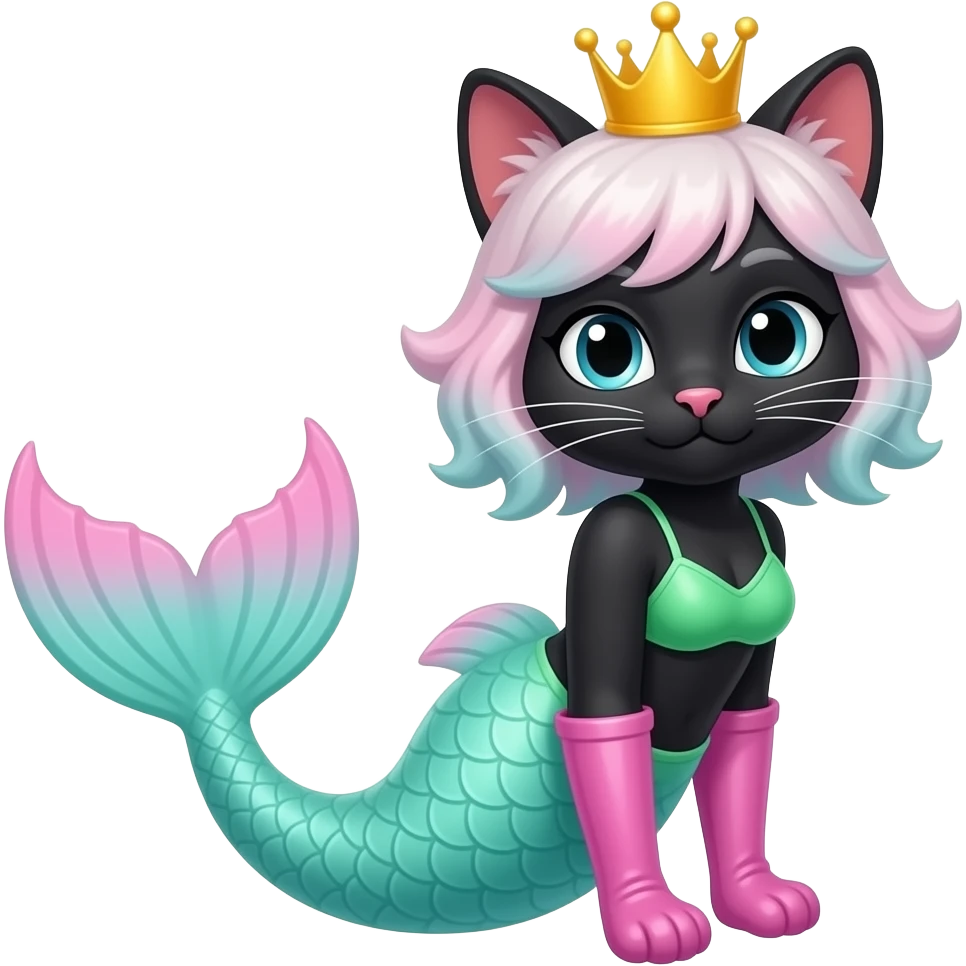 black anthro cat #B8FFFF merboy tail with pink fins and long pink gloves  yellow hair crown green swimsuit emoji