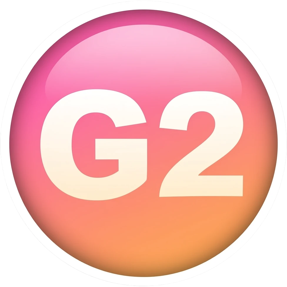 A cute round emoji sticker, "G2" written in playful bold font in the center, pastel color gradient background (pink to orange), soft shadow, cartoon style, kawaii aesthetic, circular shape, clean edges, white outline border emoji