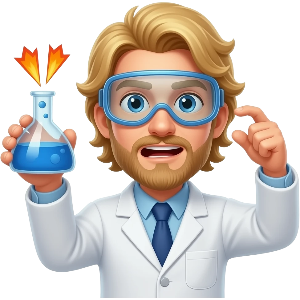 male scientist with long blond hair wearing googles experiencing a flask explosion emoji