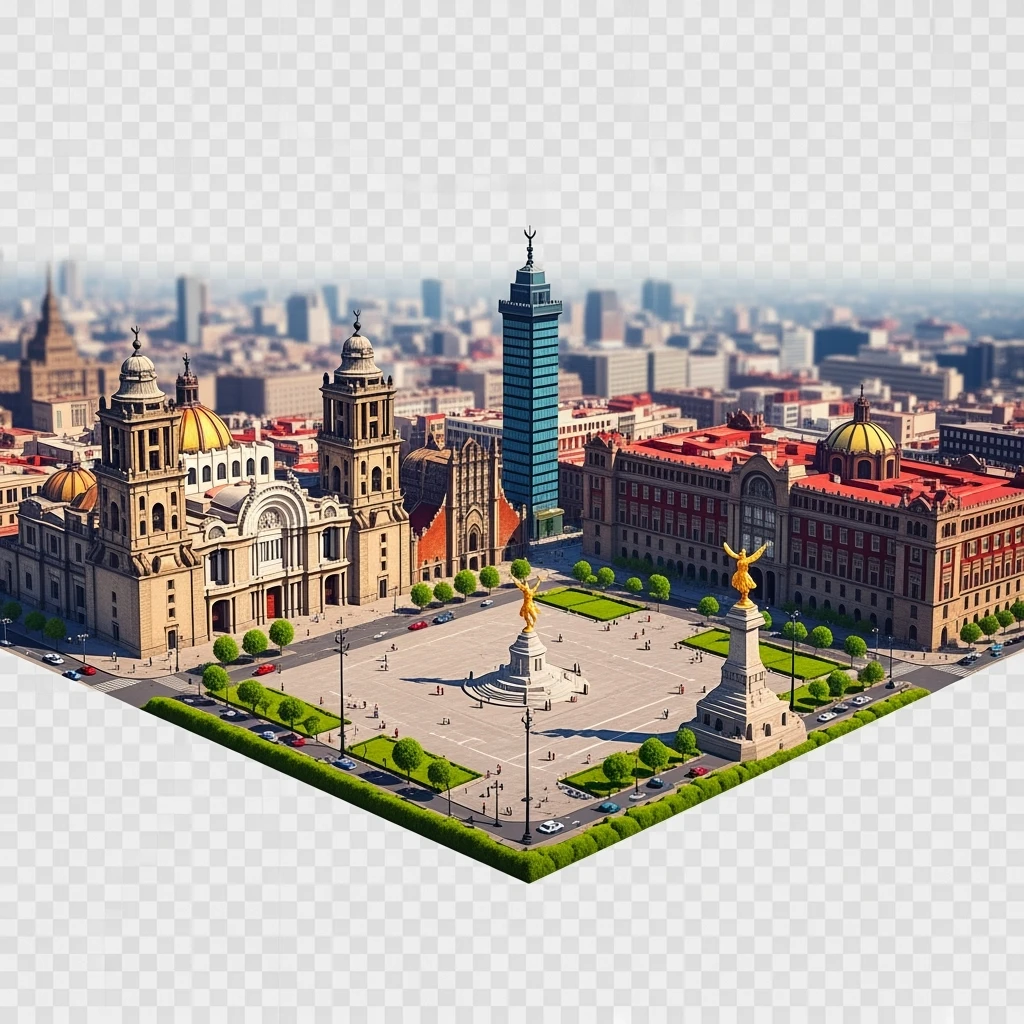 Isometric miniature of Mexico City Zócalo square with Metropolitan Cathedral, Palacio de Bellas Artes, Torre Latinoamericana, Chapultepec Castle, and Angel of Independence, atmosphere of the city 3D miniature effect and Tilt Shift effect, no cartoonish look, transparent background. emoji