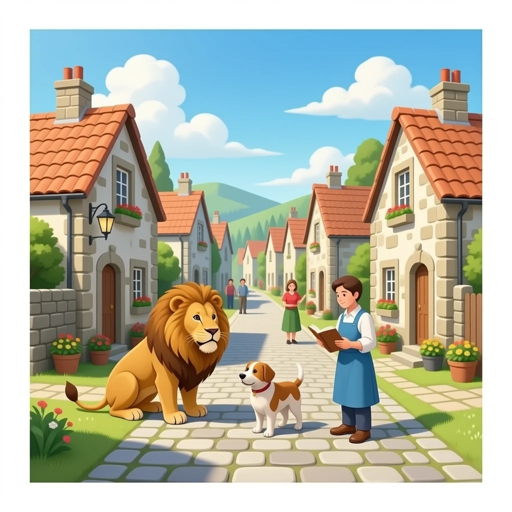 quiero un pueblo donde las personas tengan que aprender a vivir con un leon y un perrro por si un dia volvian al pueblo y que sea realista emoji