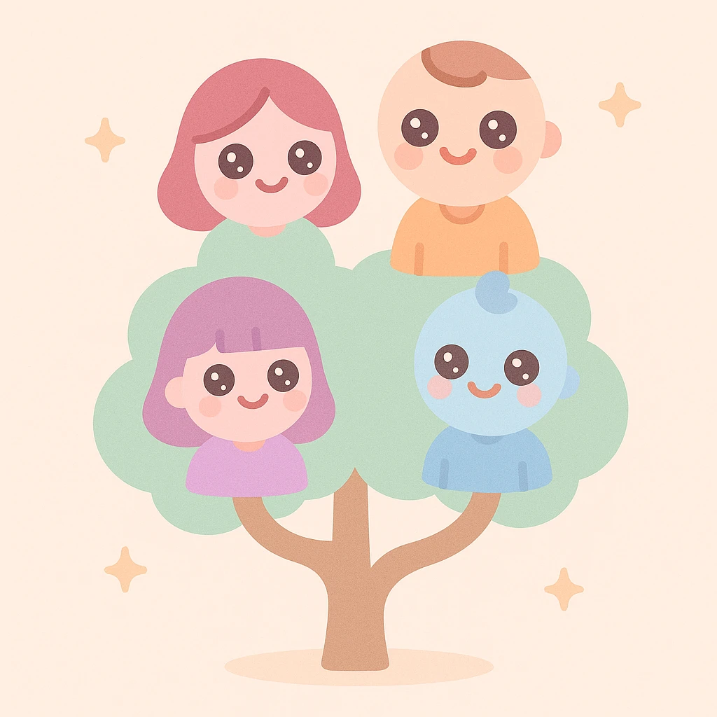 a tree where each branch ends in a stylized family member, representing connection, soft friendly style emoji