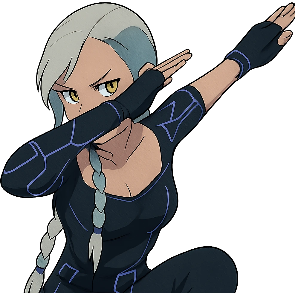 she is dabbing, a closeup portrait of young woman with gold yellow eyes, white hair, long braid, black off-shoulder top d-cup, punk gothic style, futuristic cyberwave cyberpunk, sitting position emoji