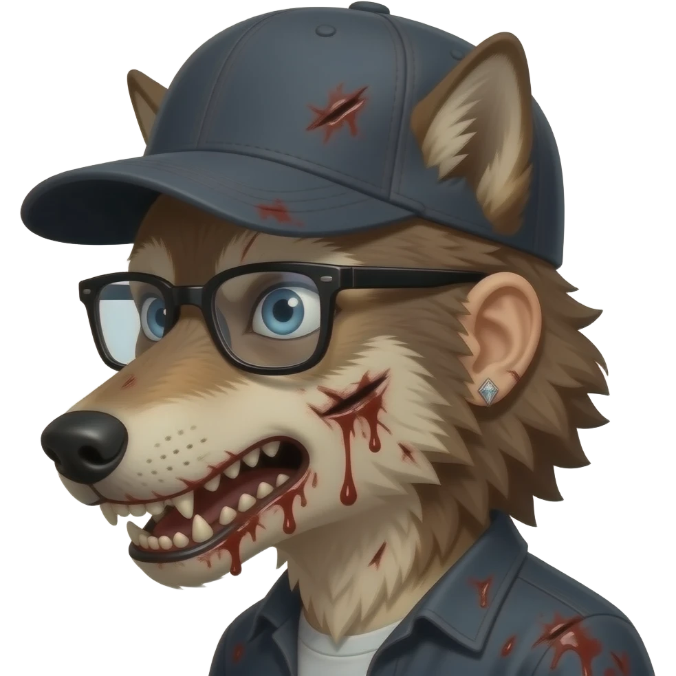 zombie rempli de cicatrice et de sang, wolfcut brun, lunette noir, boucle d'oreille diamant casquette sur le coté emoji