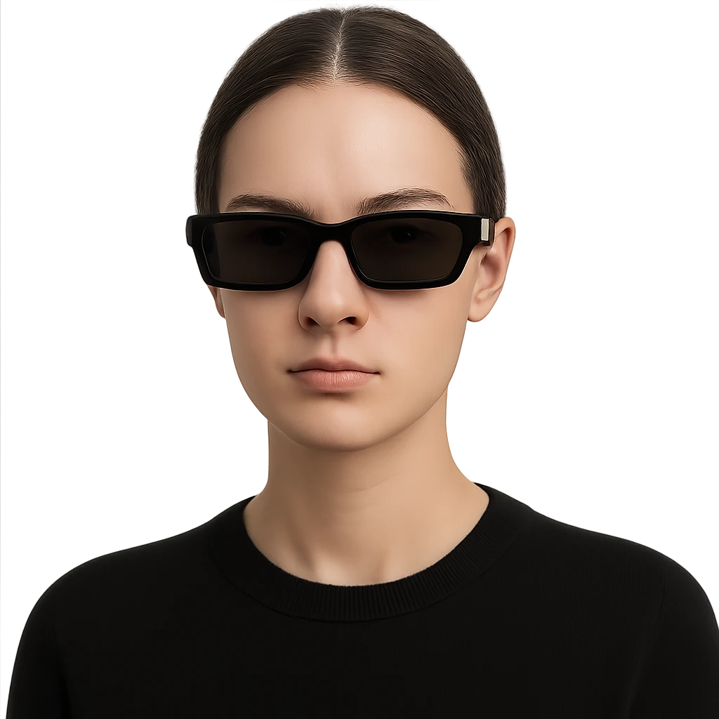 a woman wearing black rectangular sunglasses, neutral expression, simple background, headshot, modern look emoji