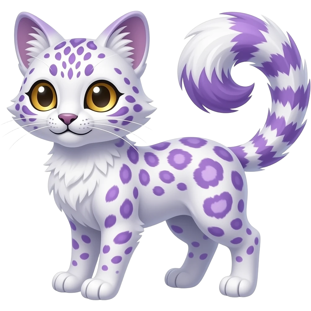 cute beautiful elegant lanky feathery, thistle-purple, whitish, fantasy-caracal-civet-snow-leopard-bobcat-genet-animal-Fakémon-hybrid, long thin tufted tail, golden eyes emoji