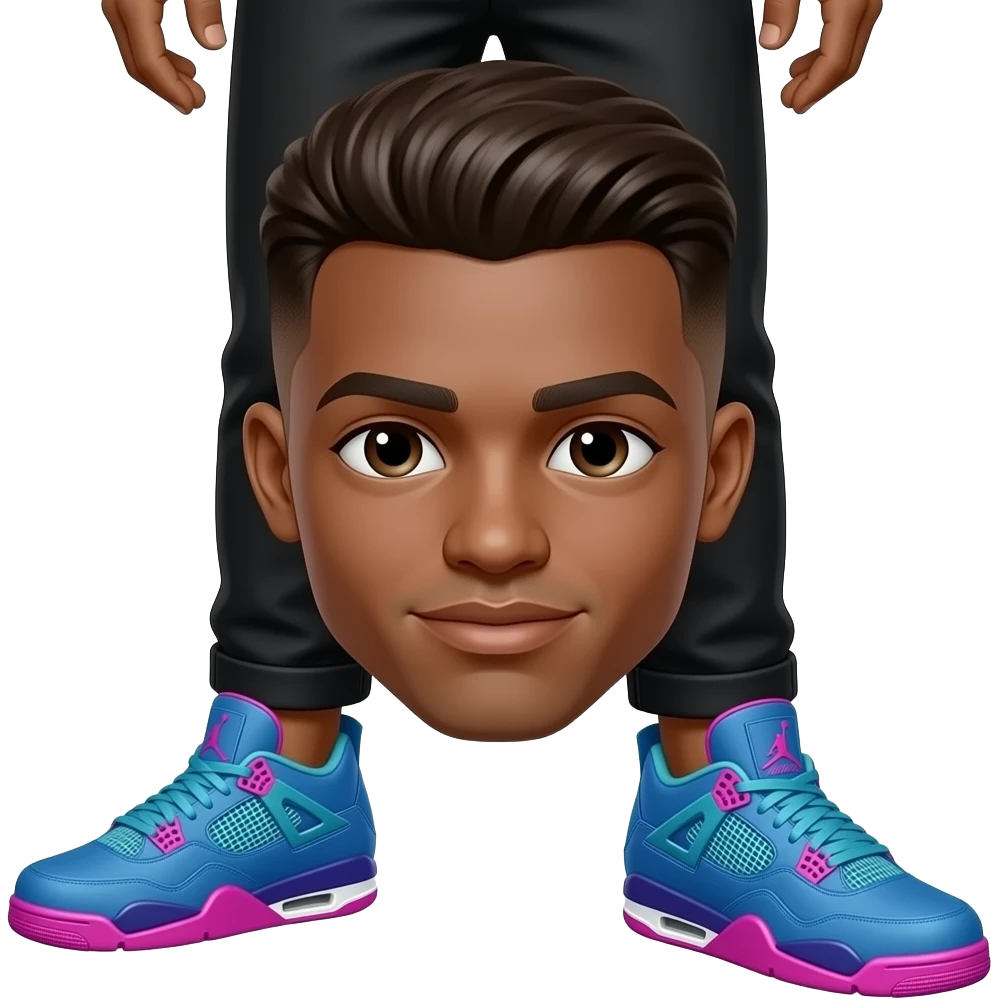 Make blue teal and pink Jordan 4’s on a tan guy with a dark brown low taper fade with the same do the same colors for Nike tech with black pants emoji