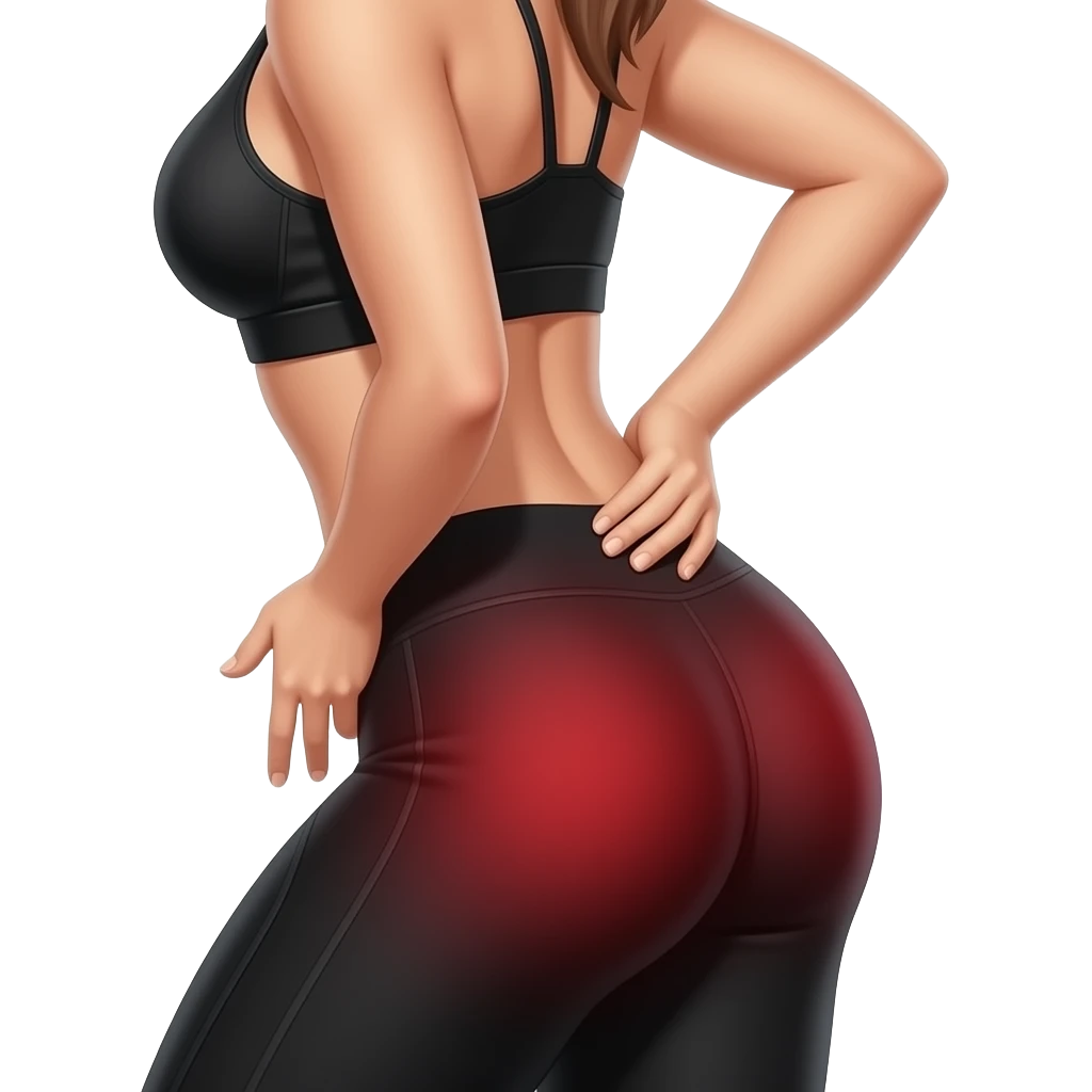 glute pain, red glow on glutes, side pose, woman touching hip and glute area, fair-skinned woman, gray-blue eyes, ash brown brows, ash light brown hair tied back, slim athletic body, black workout set emoji