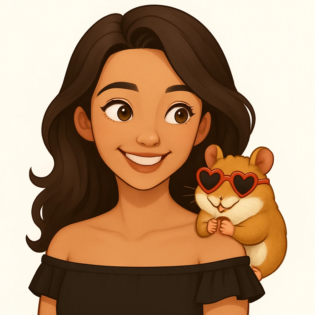Change the hamster's sunglasses to heart-shaped sunglasses. Keep the playful, adorable vibe and the fun, carefree moment between the woman and her hamster. Maintain the modern, clean, warm style. emoji