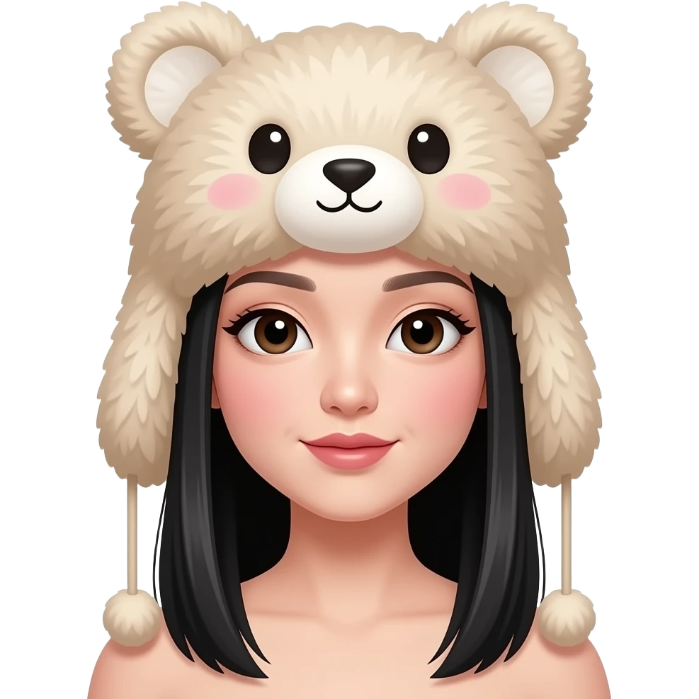 Image hyperréaliste et accrocheuse d'une femme asisatique au cheveux droit noir avec un bonnet en fourrure beige kawaii sur la tete. Ajoute subtilité pour renforcer l'impression de luxe de la scène. L'ensemble est isolée sur un fond blanc. emoji