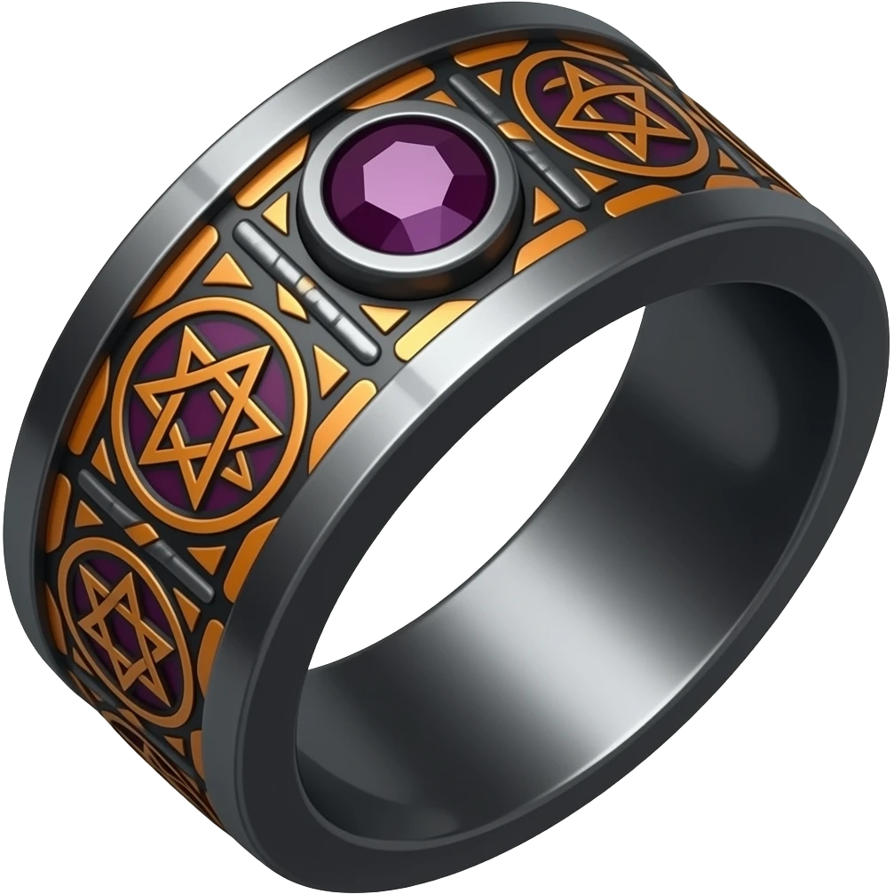 Umbra pontifex, a role that represents leadership and power. I need a ring that represents dark magic, using orange and purple as a color scheme. I wan embossed details to represent mysterious occultism maybe with a gem emoji