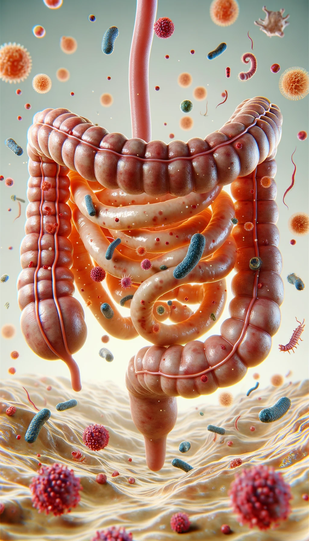 intestino umano realistico con batteri e parassiti che gli fluttuano intorno, sfondo chiaro, iperrealistico 4k emoji