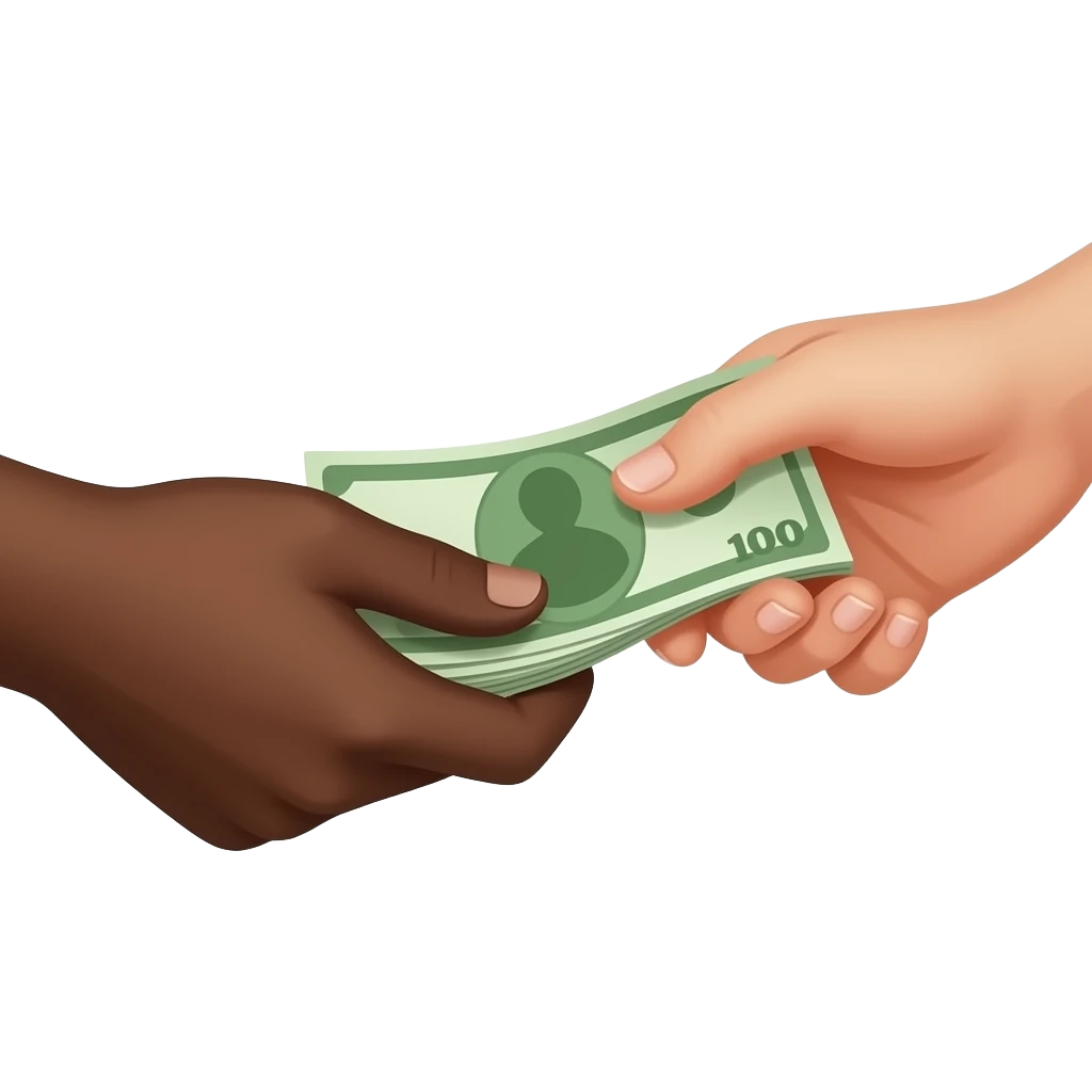 close-up of two female hands exchanging money, one hand with dark brown skin tone, only hands visible, no body, cash payment, giving and receiving money, transaction emoji emoji