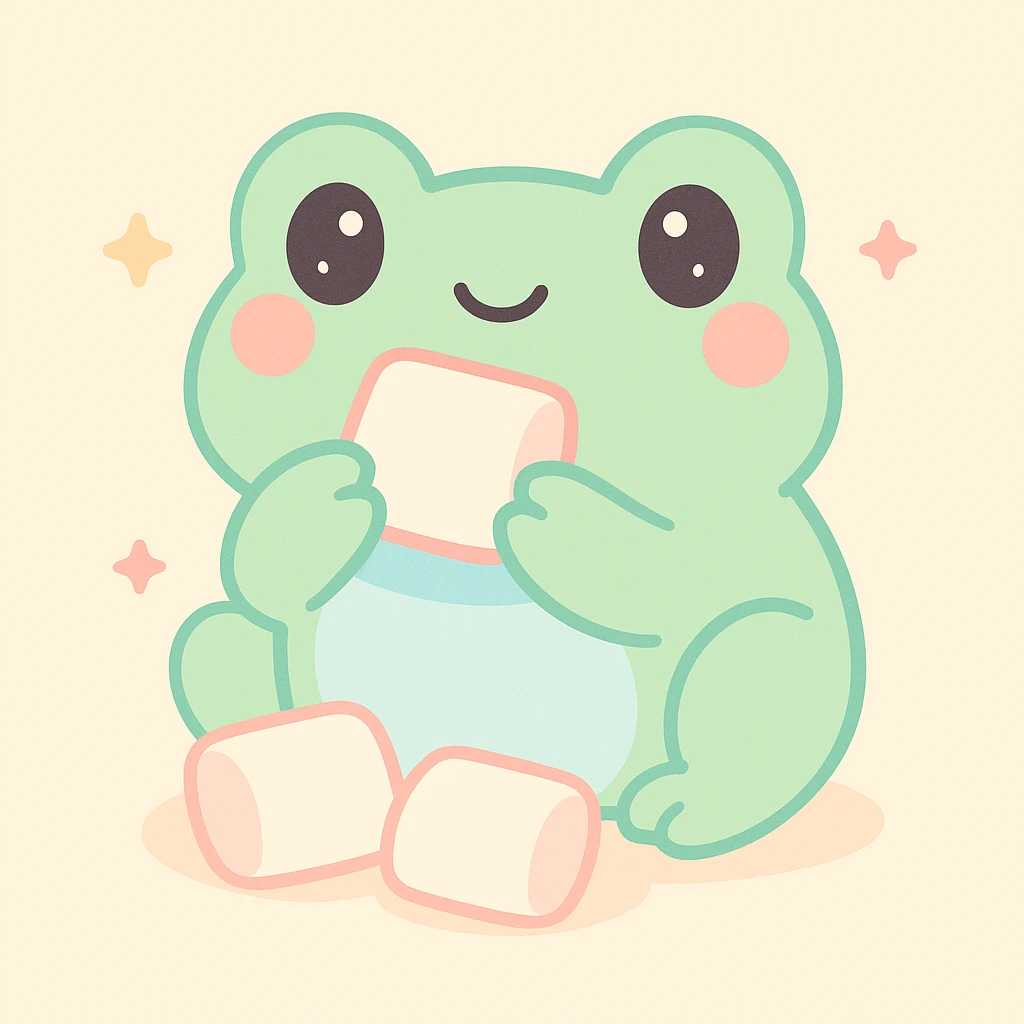 a whimsical frog munching on marshmallows, colorful, fun, lighthearted emoji