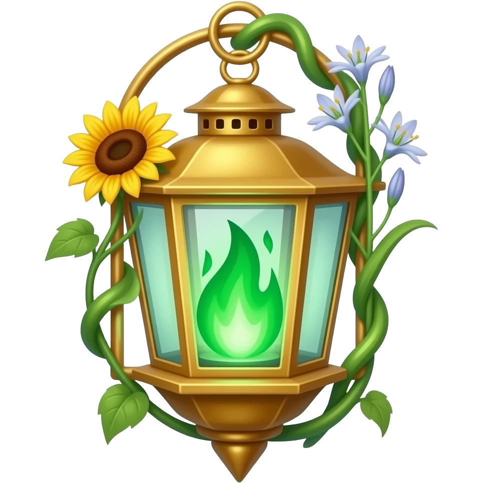 A golden hanging lantern with a bright emerald flames, no loop or handle on top, blooming sunflower (l) & asphodel (r) wrapping it, focus more on the green fire, paint the glass more green, have its bottom point come to some sort of point emoji