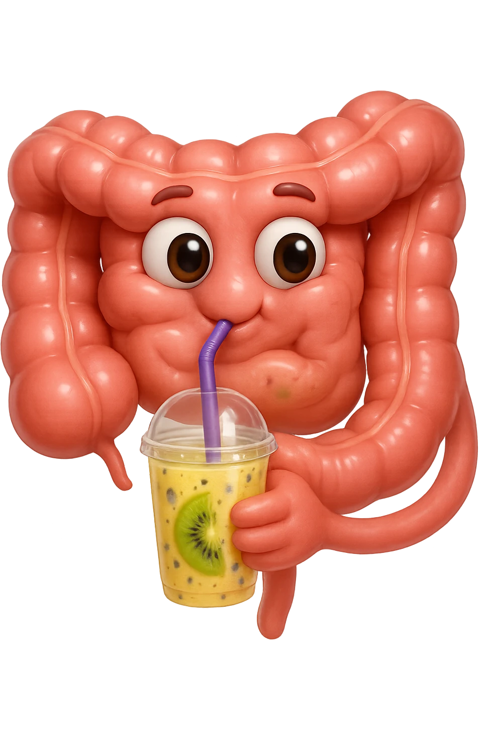 EMOJI STILE IPHONE DI un intestino umano anatomico che beve un frullato di mirtilli, ananas, kiwi, fagli anche la parte bianca degli occhi, non solo le pupille, REALISTICo 4K emoji