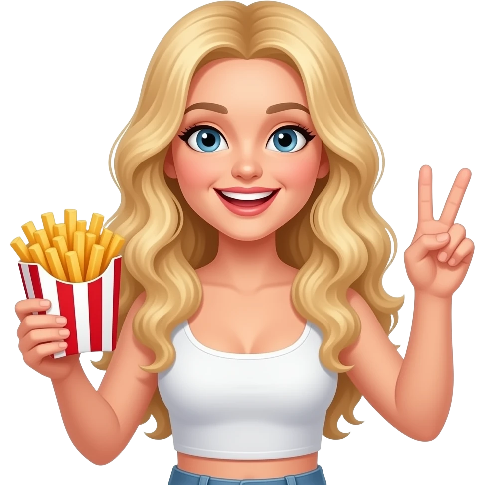 Blonde lady crimped hair middle part long holding french fries in a stripped red and white holder throwing up peace with innocent smile in a white tube top emoji