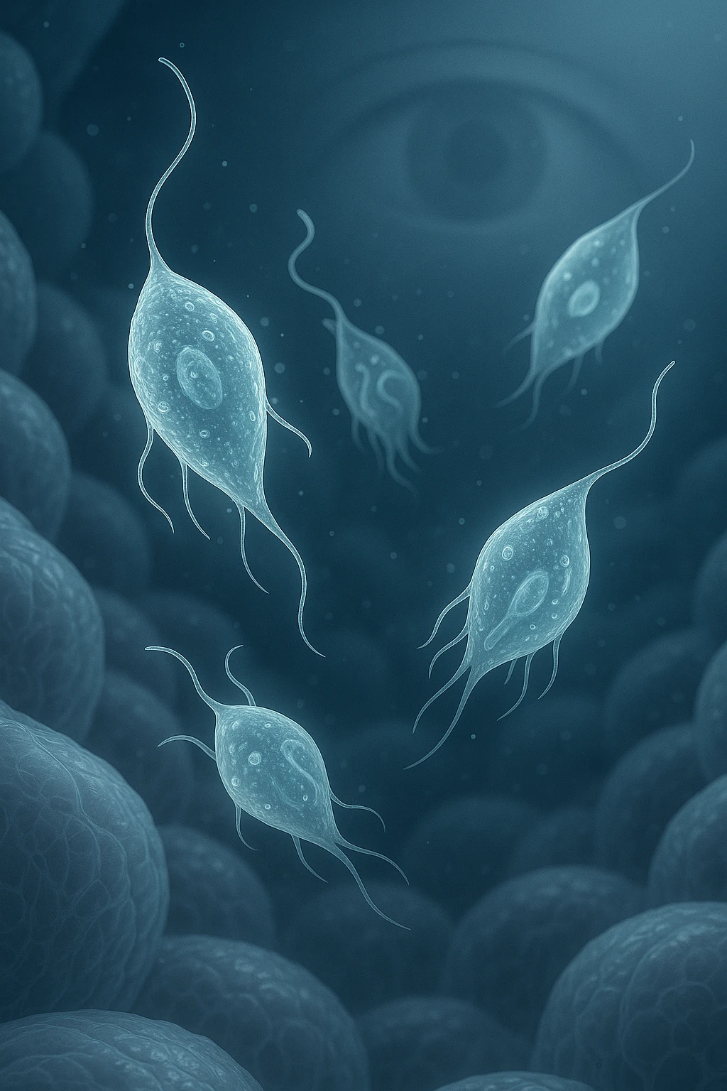 A detailed macro-style image of a translucent human intestinal wall under extreme magnification. Floating nearby are multiple protozoa — small, semi-transparent, shapeshifting organisms with flagella or cilia, glowing faintly under the microscope. In contrast, a faded overlay silhouette of a human eye is shown in the background, symbolizing how these organisms are invisible to unaided vision. The scene is softly lit with cool bluish tones, evoking a clinical and microscopic atmosphere. Focus is hyper-sharp on the protozoa, with blurred organic tissue textures in the background. Educational yet haunting, it shows how much remains unseen inside the body emoji