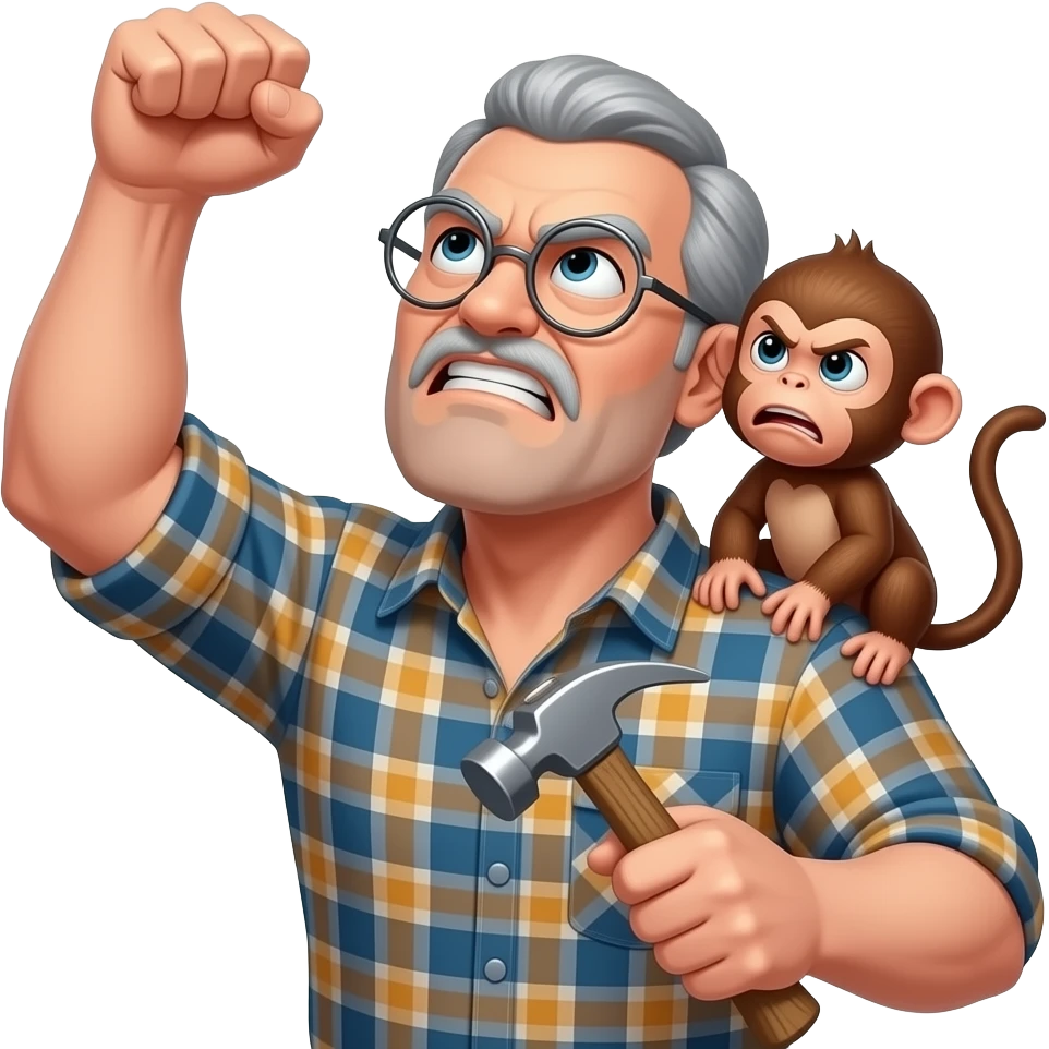 Angry old man with a plaid shirt with silver round glasses with grey hair and no beard or mustache looking at the sky and shaking his fist angrily at the sky with a hammer in his left hand and a angry baby monkey on his shoulder. emoji