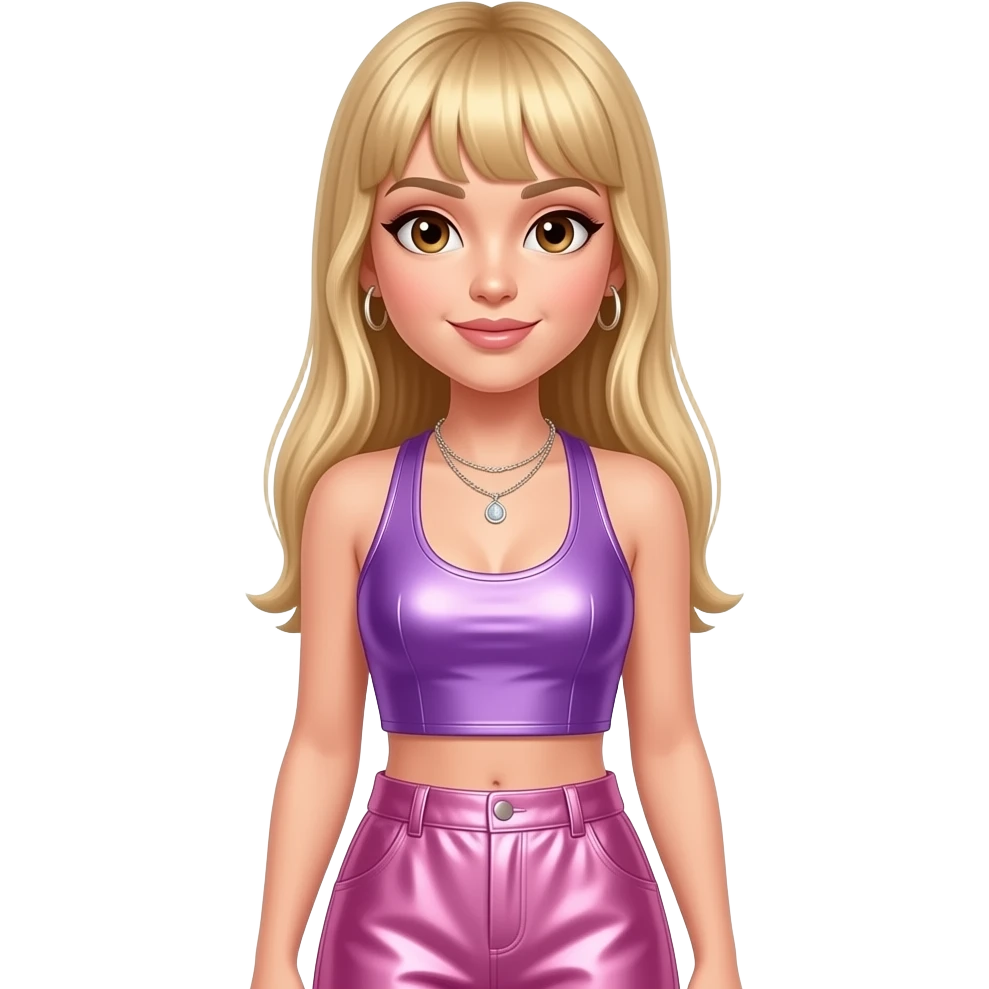 Ashley Roberts with brown eyes, long blonde straight bang hair, purple metallic halter crop top, pink metallic baggy long skirt, necklace and earrings emoji